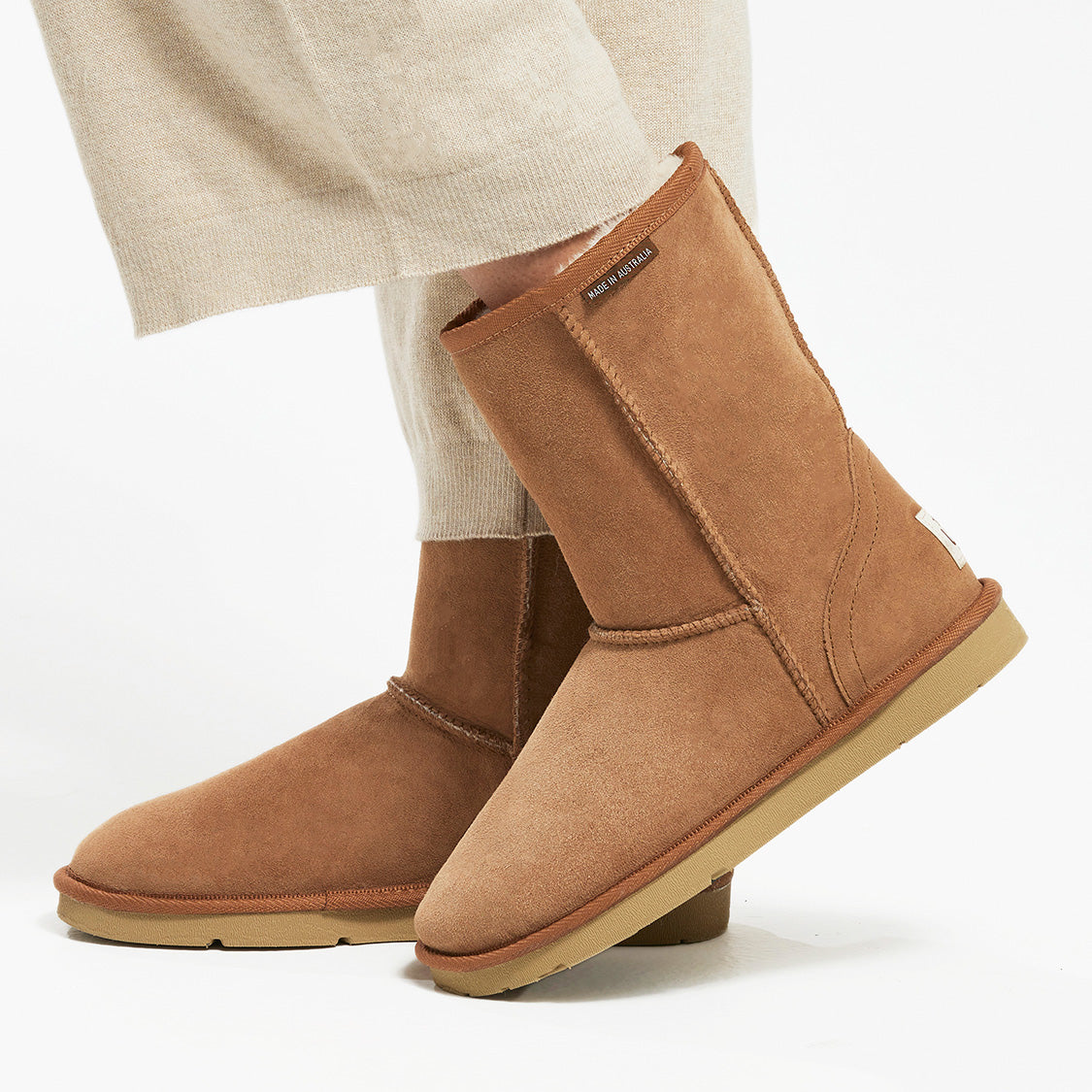 Side view of Australian Made Ladies Sheepskin Scuffs in Chestnut
