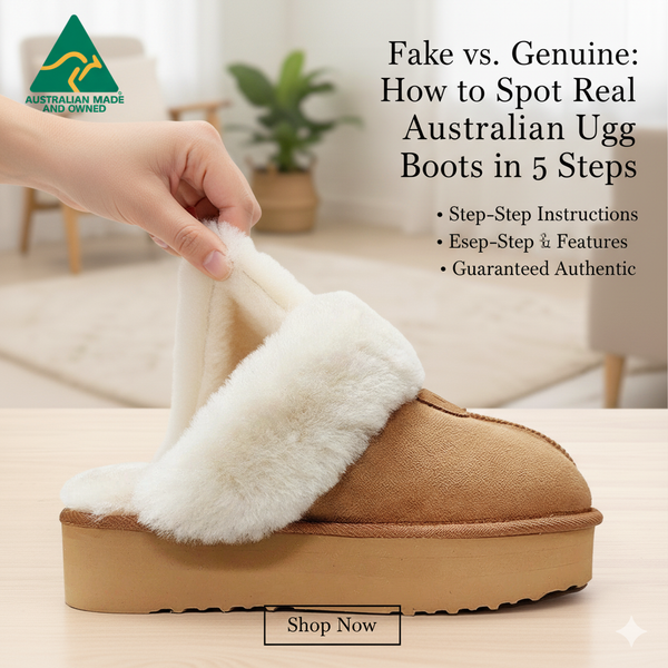 Hand pulling wool lining of genuine Australian ugg boot to show twin-faced sheepskin integrity