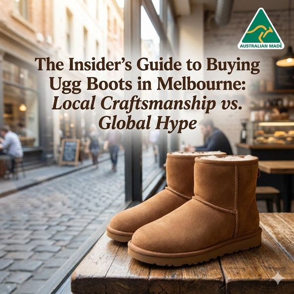 Pair of Australian Made Classic Short Ugg Boots walking on Melbourne pavement.