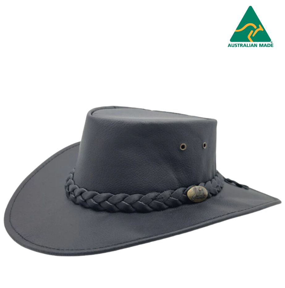 A gray kangaroo leather hat with a braided band and metal button, marked as Australian made.