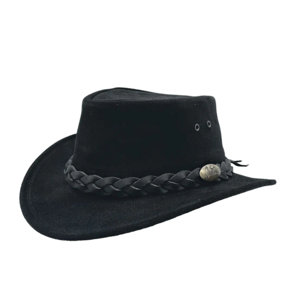 A black children's hat made of leather with a braided band and a decorative buckle, designed similar to an Australian outback style hat.