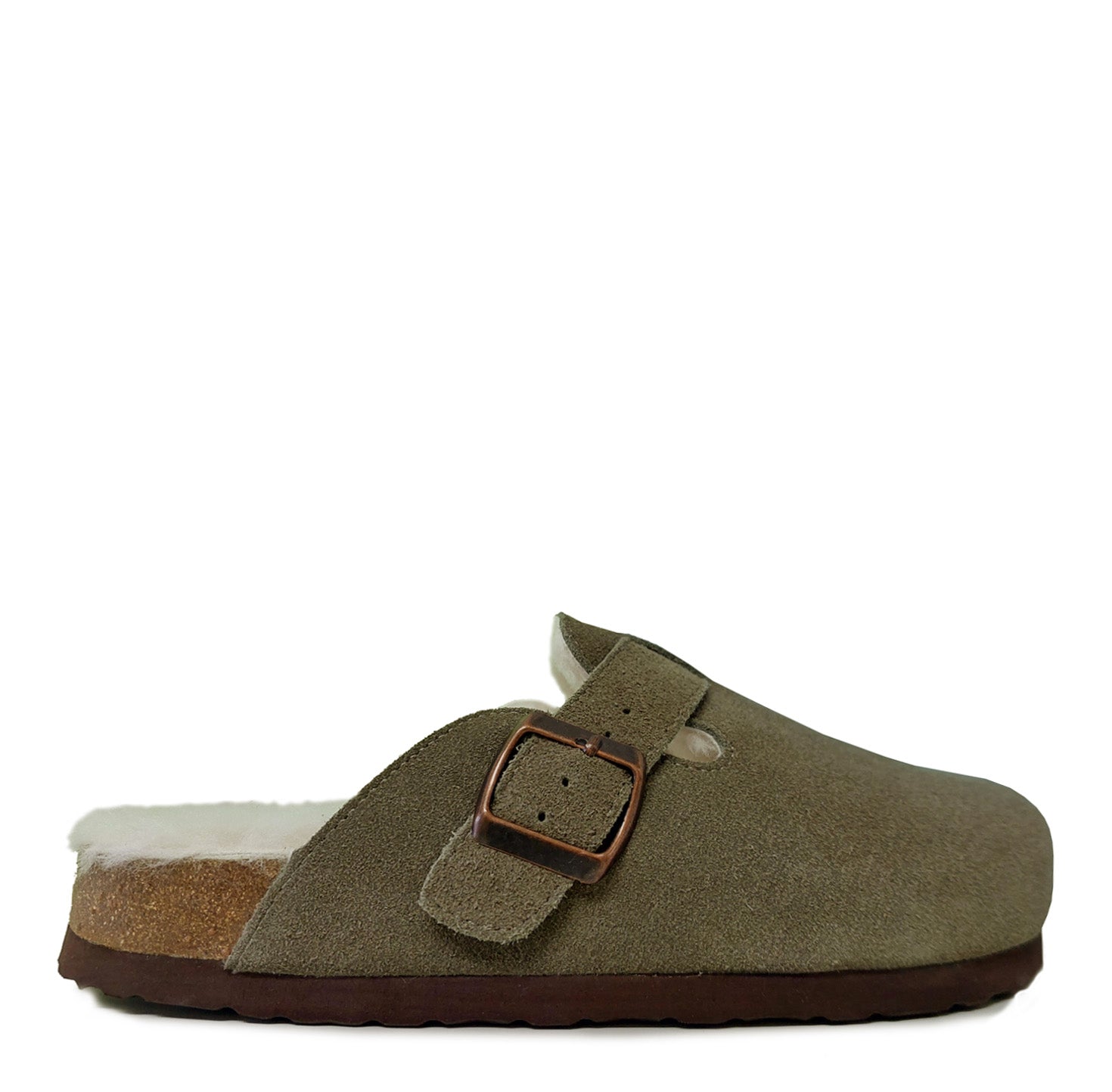 A brown slip-on shoe with a sheepskin lining and a buckle strap, designed by Koalabi Australia.