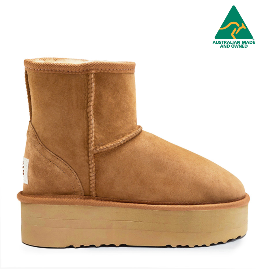 A pair of brown Ultra short Platform Ugg Boots with a visible heel and platform sole.